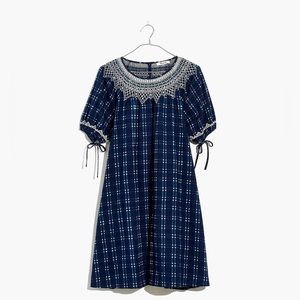 Madewell Embroidered Puff-Sleeve Babydoll Dress in Indigo Plaid